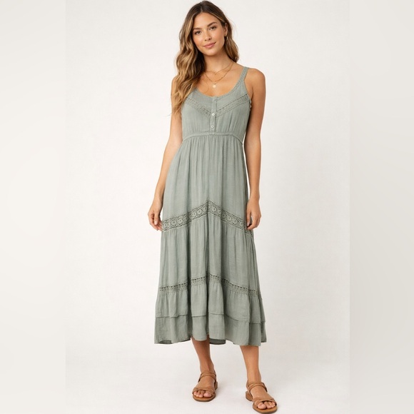 Rebellion Dresses & Skirts - Rebellion Sage Green Lace-Trim Midi Dress